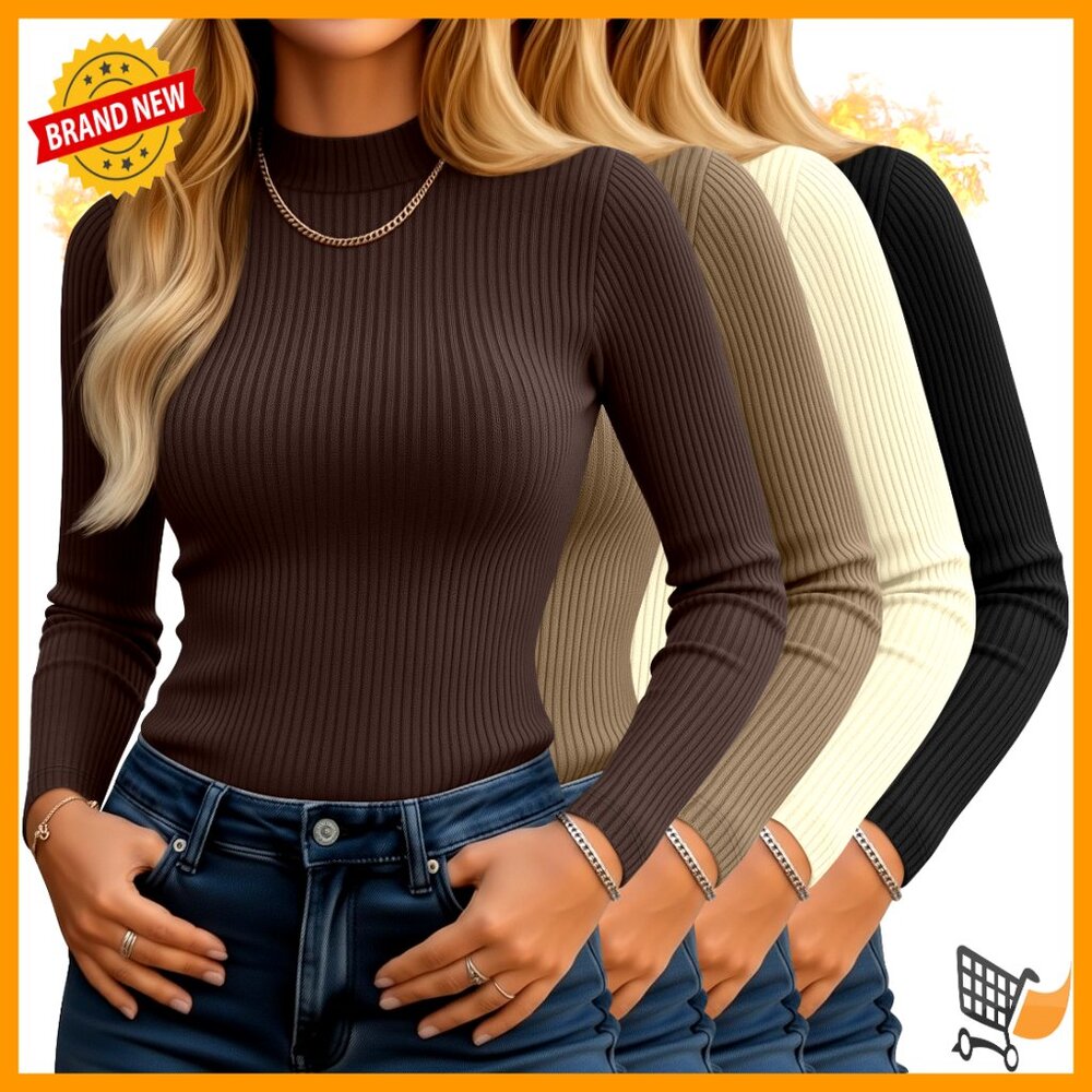 Mock Neck Long Sleeve Tops Ribbed Slim Fit Cotton Thermal Shirts Pack